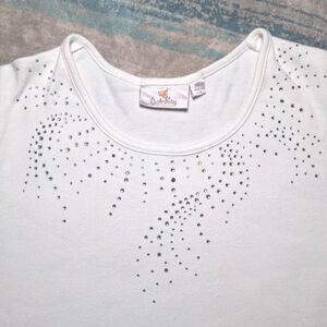 Quacker Factory Womens Shirt XL White Rhinestones Embellished Sequins Granny VTG